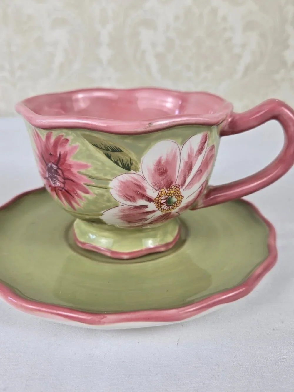 April Cornell Pink Flower Set 2 Snack Plates, Cup & Saucer, Creamer Contemporary
